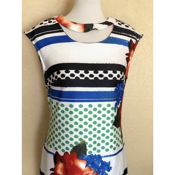 Eci Women's Red Print Scuba Cut out Sleeveless Shift Dress Size 8 - Picture 5 of 10